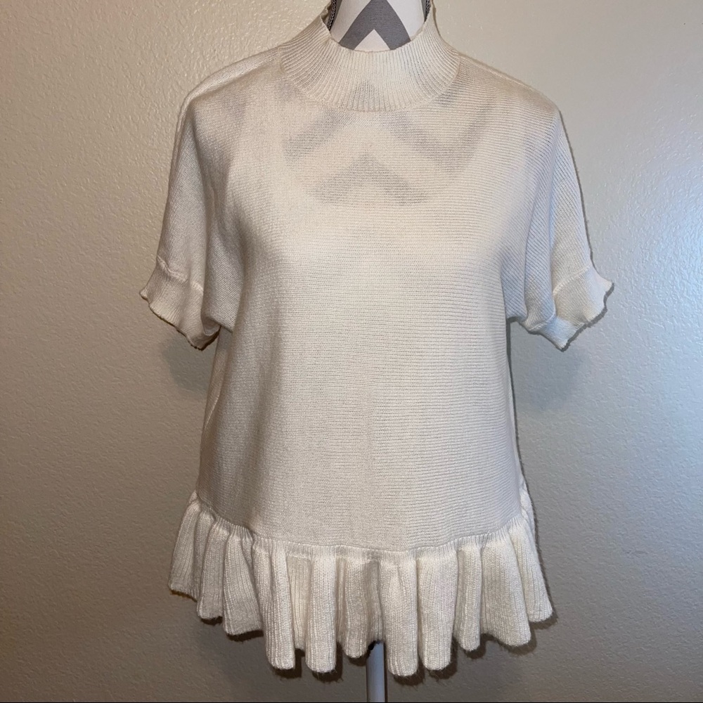 Elle Winter White Short Sleeve Ruffle Peplum Ribbed Mock Neck Sweater Top Small